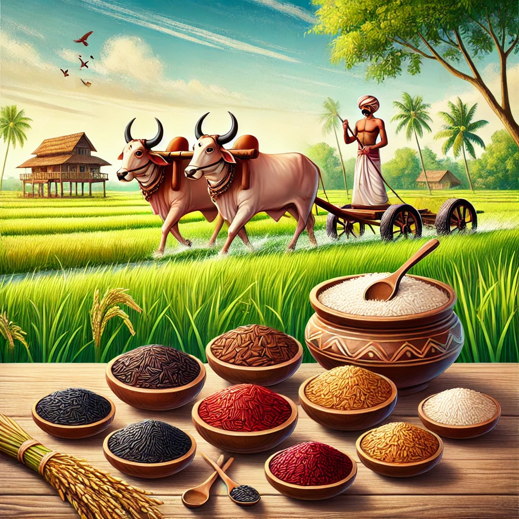 DALL·E 2025 03 28 00.28.11 A traditional Indian farming scene featuring a farmer in traditional attire with two bulls plowing a field. In the foreground a wooden table displays 🌾 7 Reasons Why Indigenous Rice is Better than Hybrid Varieties | Best Organic Rice for Health & Sustainability